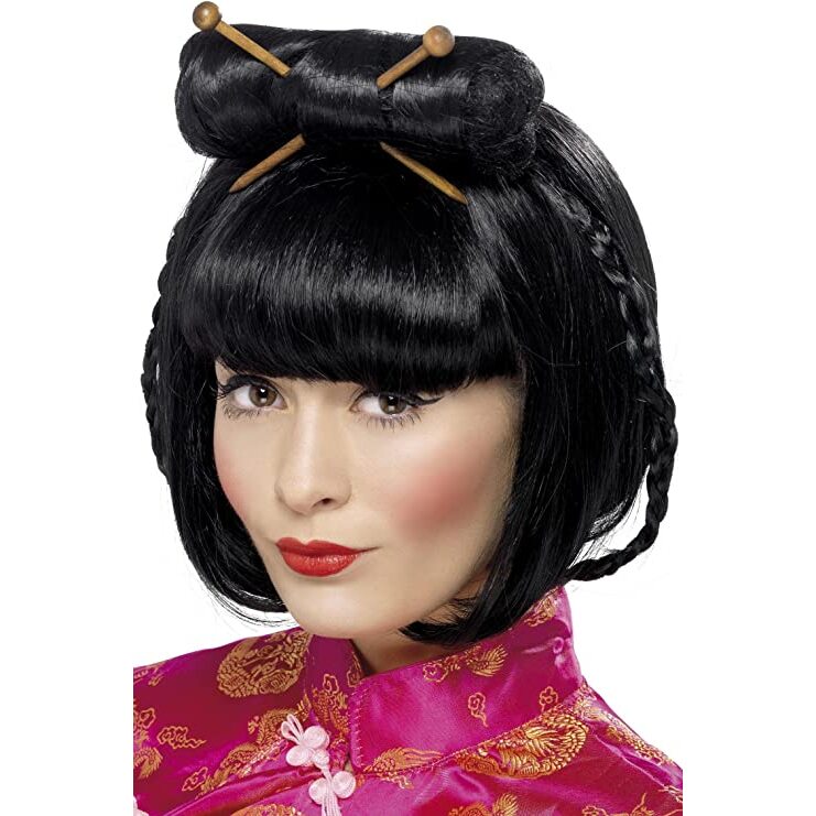 Oriental Lady Black Wig  Mid Length Hair With Bun and Chopsticks 1