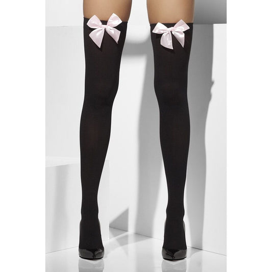 Opaque Hold Ups Adult Black Pink Bows 1