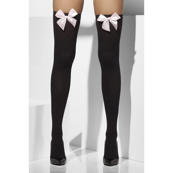 Opaque Hold Ups Adult Black Pink Bows 1