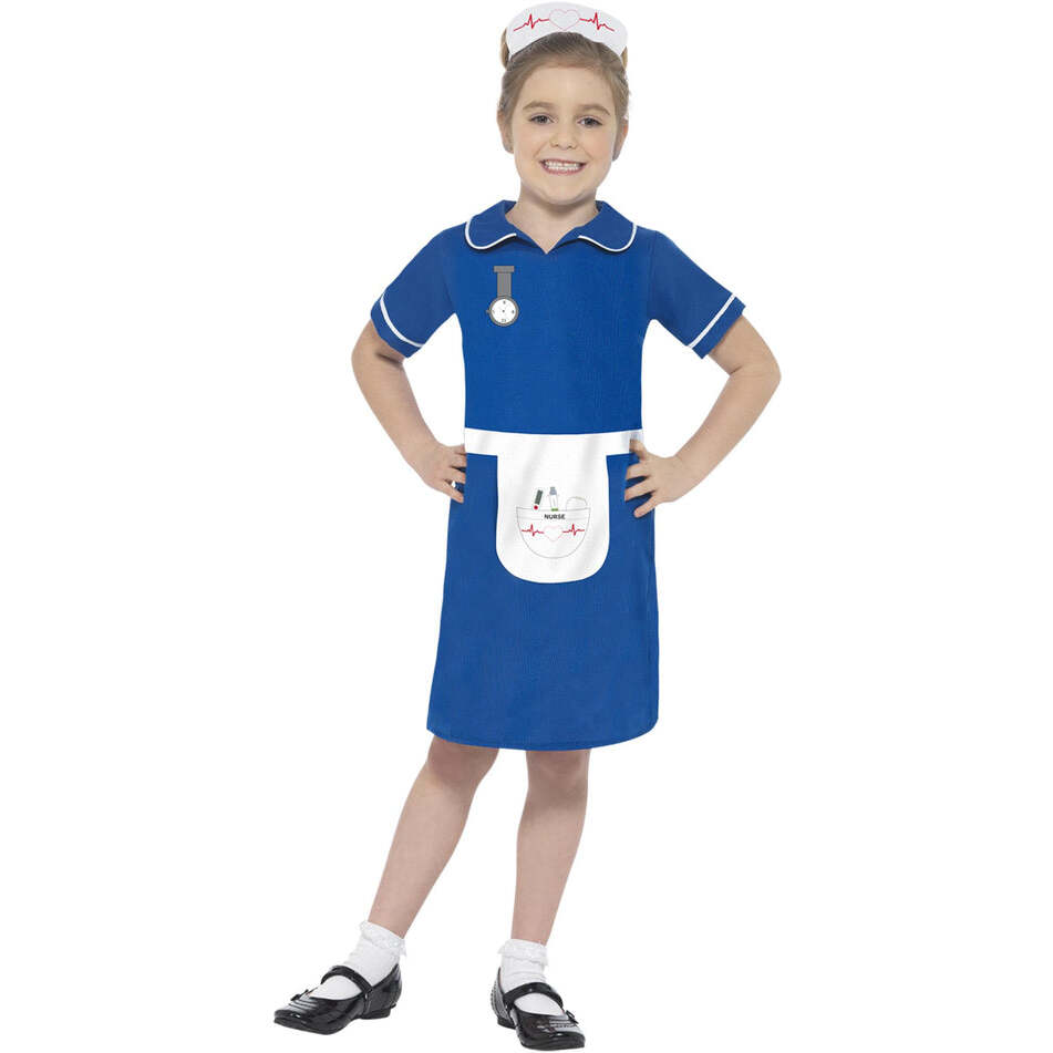 Nurse Costume Kids Blue Dress with Printed Apron and Watch and Headpiece 1