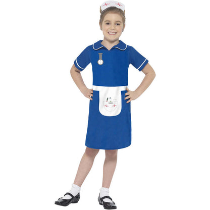 Nurse Costume Kids Blue Dress with Printed Apron and Watch and Headpiece 1