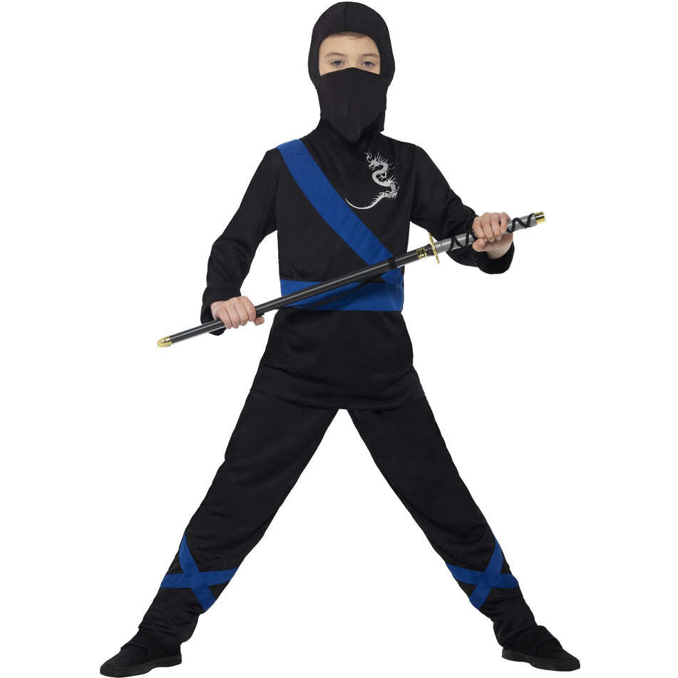 Ninja Assassin Costume Kids Black Blue Top and Trousers Black Hood and Mask 1