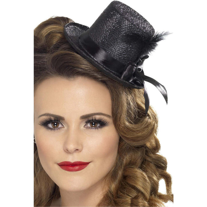 Mini Tophat Black with Black Ribbon and Feather Adult Costume Accessory 1
