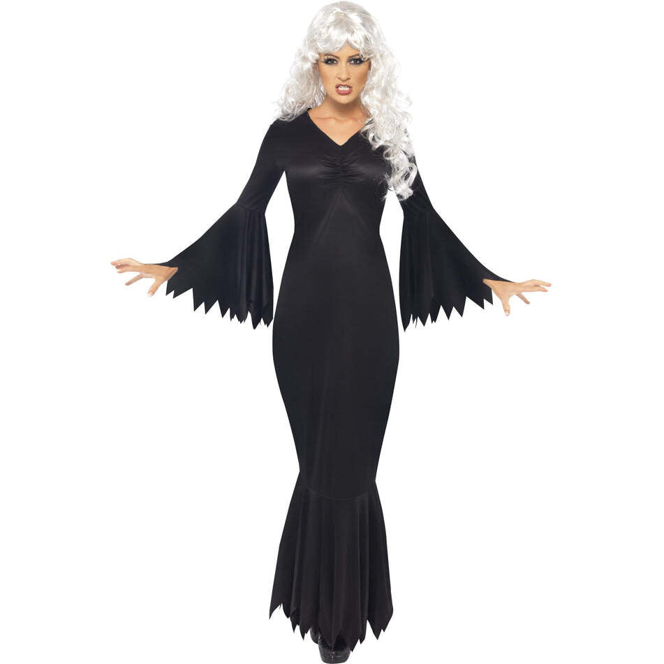 Midnight Vamp Costume Ladies Long Black Dress with Ragged Sleeves and Bottom Trim 1