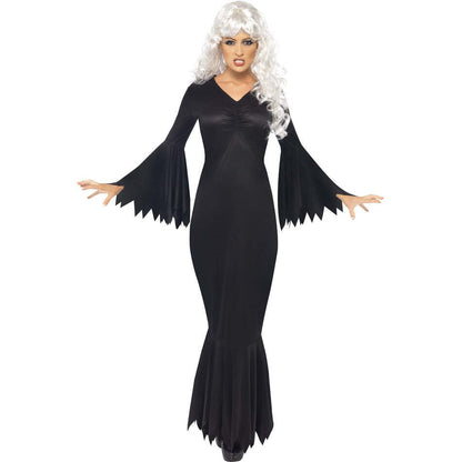 Midnight Vamp Costume Ladies Long Black Dress with Ragged Sleeves and Bottom Trim 1