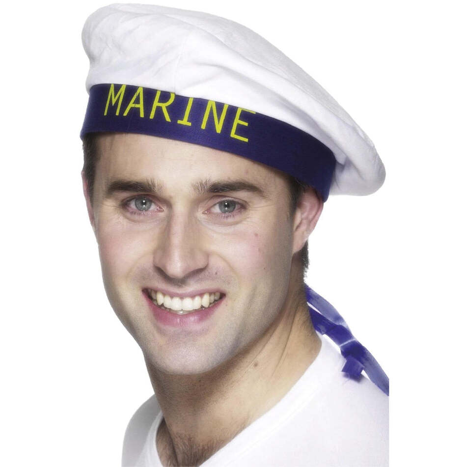 Marine Sailors Hat White Blue Band Attached Ribbons Adult Costume Accessory 1