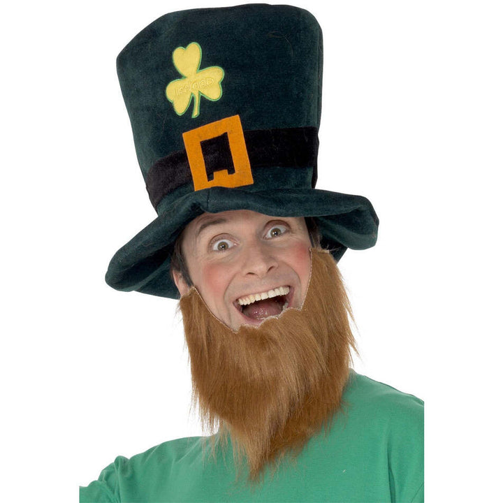 Leprechaun Hat Green with Shamrock Buckle and Attached Ginger Beard Costume Accessory 1