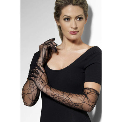 Lace Gloves Long Black With Spider Web Design Adult Costume Accessory 1