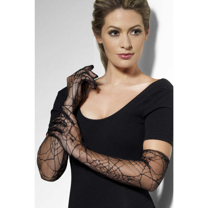 Lace Gloves Long Black With Spider Web Design Adult Costume Accessory 1