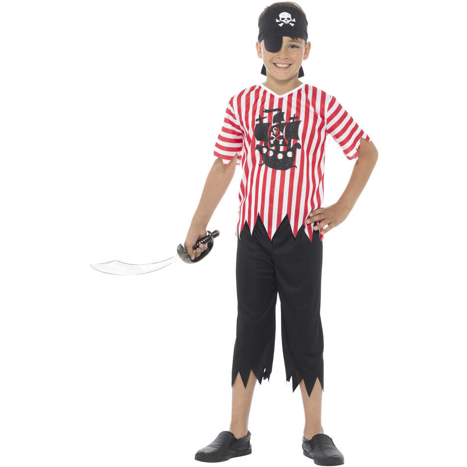 Jolly Pirate Boy Costume Kids Red Whte Top Black Trousers Bandana and Eyepatch 1
