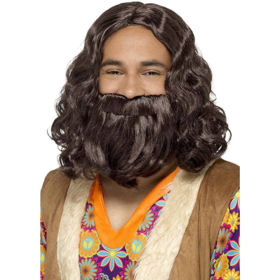 Hippie Jesus Wig and Beard Set Brown Shoulder Length and Full Beard Adult Costume Accessory 1