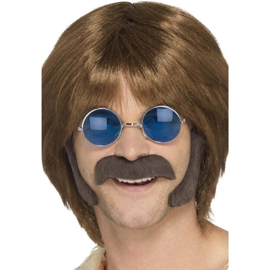 Hippie Disguise Set Adult Brown Self Adhesive Porkchop Sideburns and Moustache 1