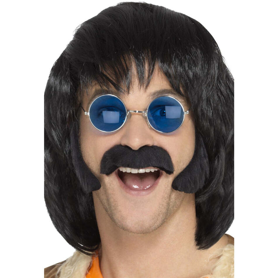 Hippie Disguise Set Self Adhesive Black Porkchop Sideburns and Moustache Adult Costume Accessory 1