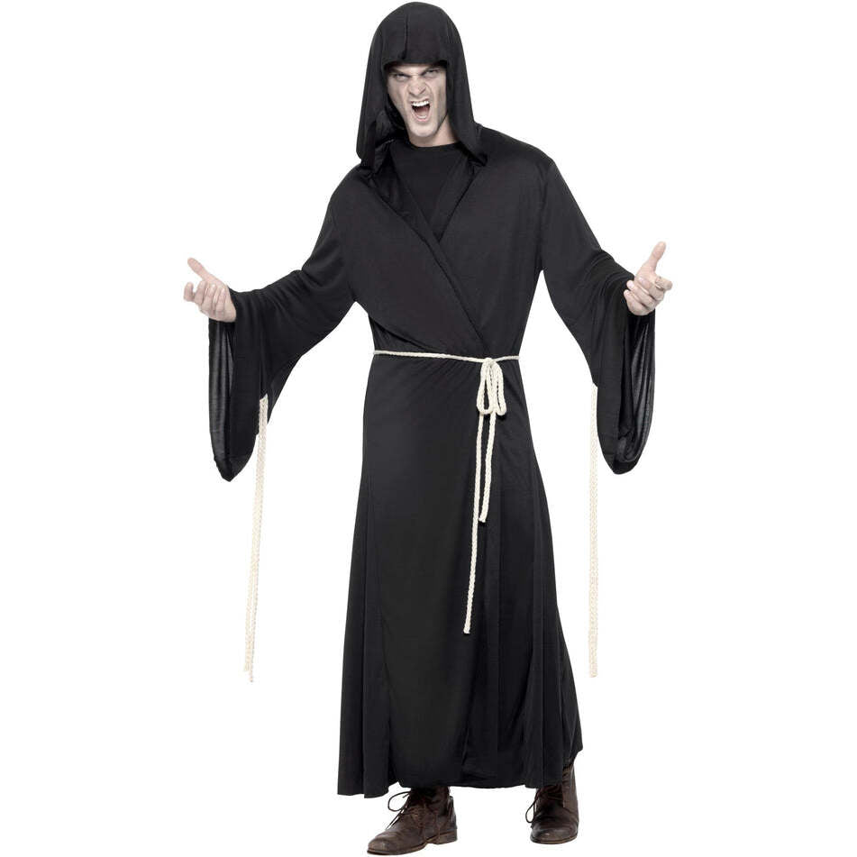 Grim Reaper Costume Adult Black Hooded Robe and Rope Belt 1