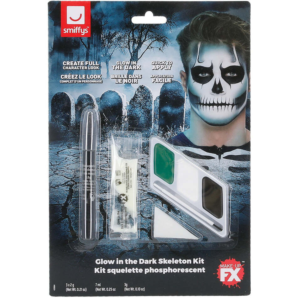 Glow In The Dark Skeleton Kit 3 Colour Facepaints GID Sachet Crayon Sponge Brush 1