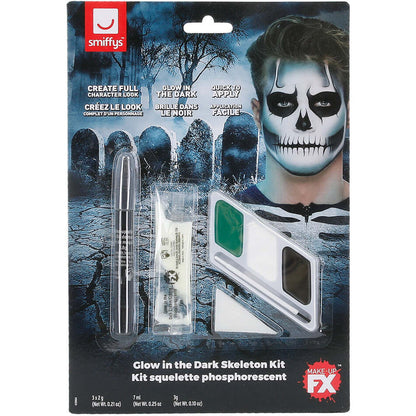 Glow In The Dark Skeleton Kit 3 Colour Facepaints GID Sachet Crayon Sponge Brush 1