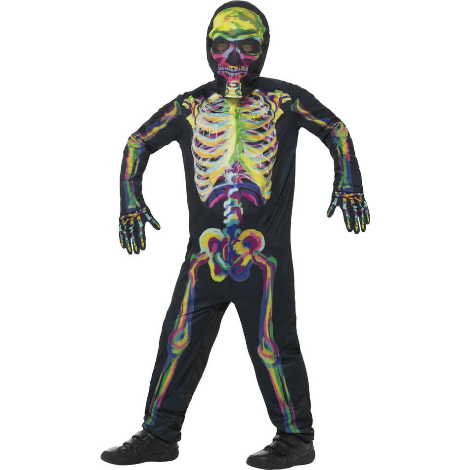 Glow In The Dark Skeleton Costume Kids Multi Coloured Jumpsuit Mask and Gloves 1