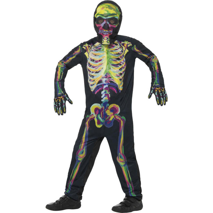 Glow In The Dark Skeleton Costume Kids Multi Coloured Jumpsuit Mask and Gloves 1