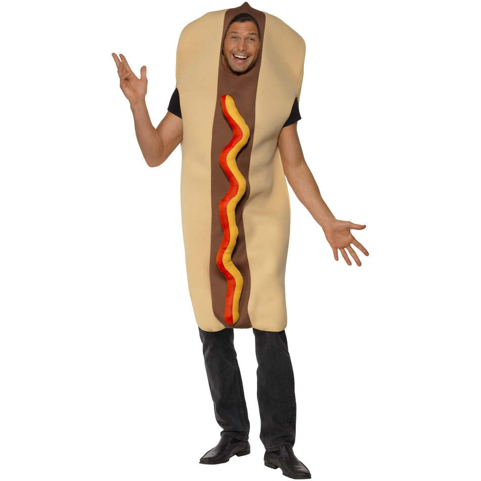 Giant Hot Dog Costume Adult Brown Bodysuit with Ketchup Effect Front 1