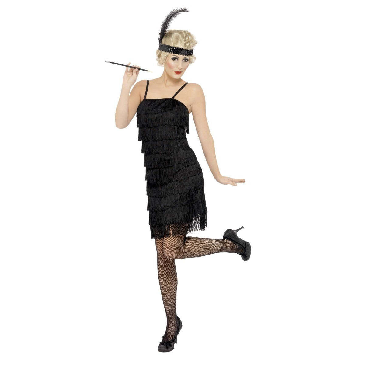 Fringe Flapper Costume Adult Black Dress Head Piece with Feather 1