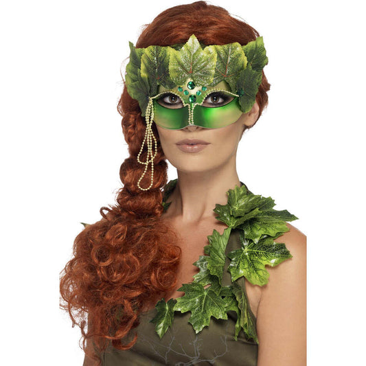 Forest Nymph Eyemask Adult Green with Fabric Leaves and Jewels 1