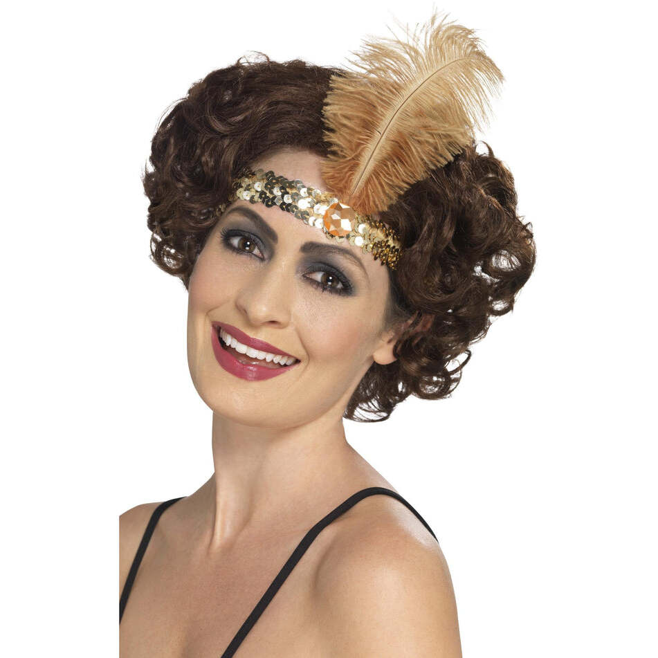 Flapper Headband Gold Sequin with Feather Adult Costume Accessory 1
