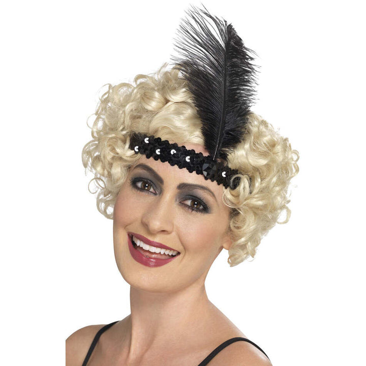 Flapper Headband Black Sequin with Feather Adult Costume Accessory 1