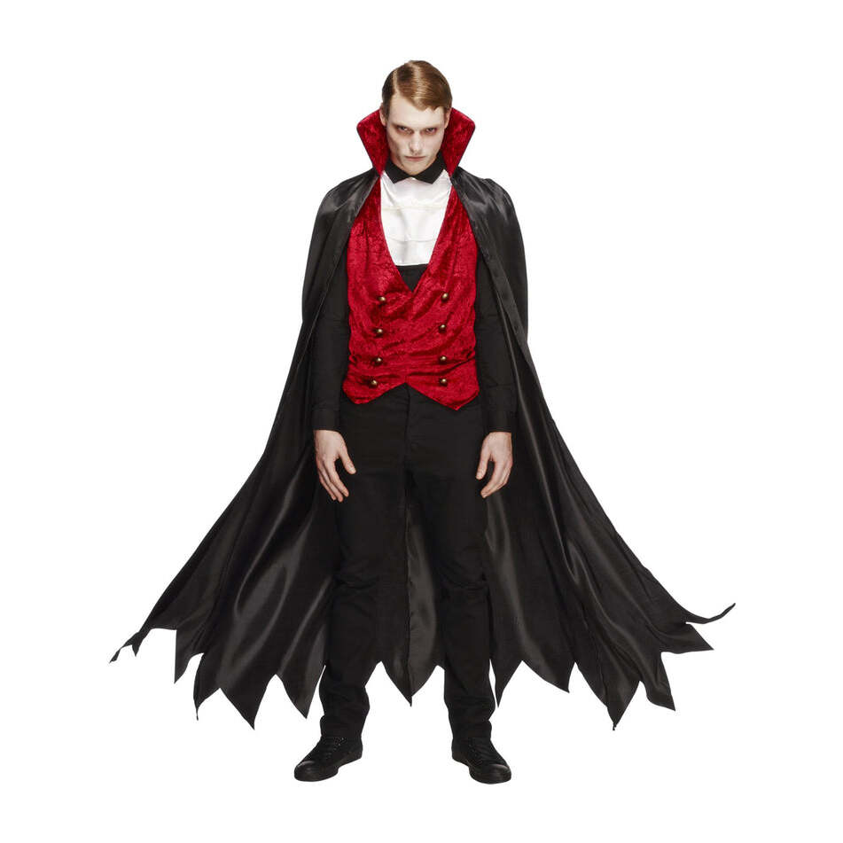 Fever Vampire Costume Adult Red Waistcoat Black Cape White Cravat 1