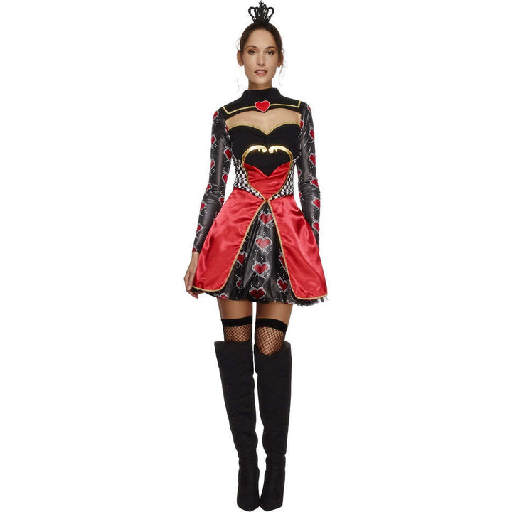 Fever Queen Of Hearts Costume Adult Black Red Dress Attached Underskirt and Mini Crown 1