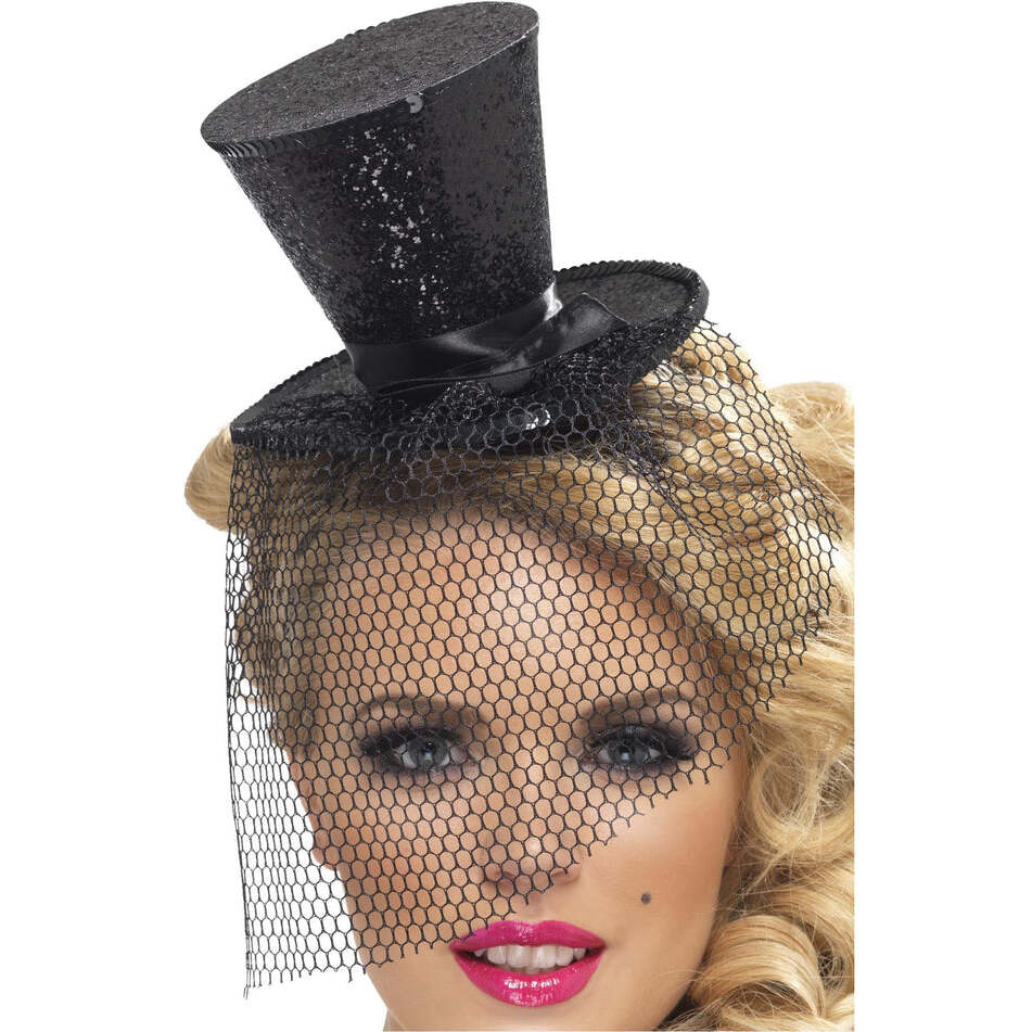 Black Glitter Mini Top Hat with Veil 20s Burlesque 1