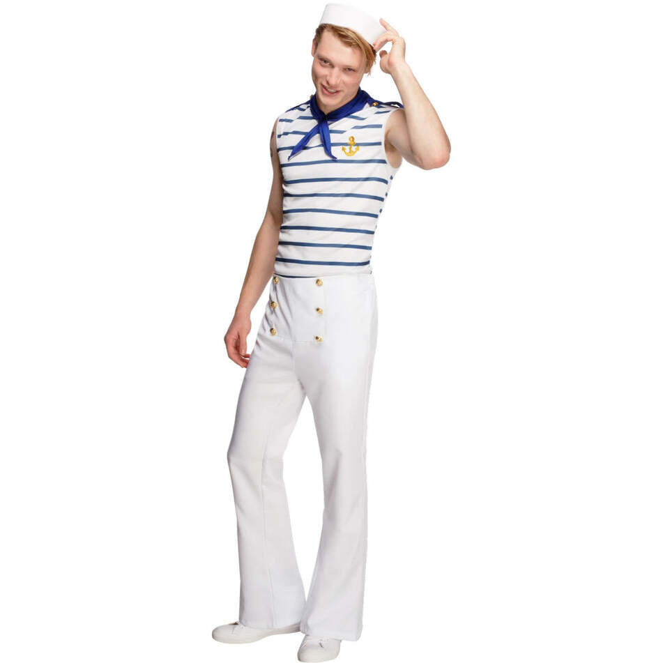 Fever Male French Sailor Costume Adult White Blue Top White Trousers and Blue Neck Scarf 1