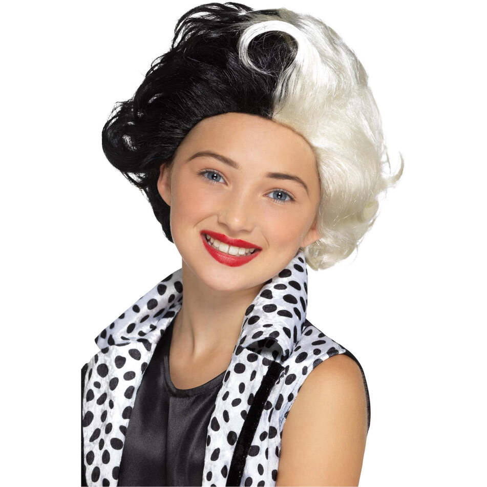 Evil Madame Kids Wig Black and White Cruella Style Costume Hair 1