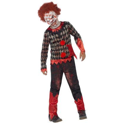 Deluxe Zombie Clown Costume Kids Red Black Top and Trousers Latex Mask with Hair 1