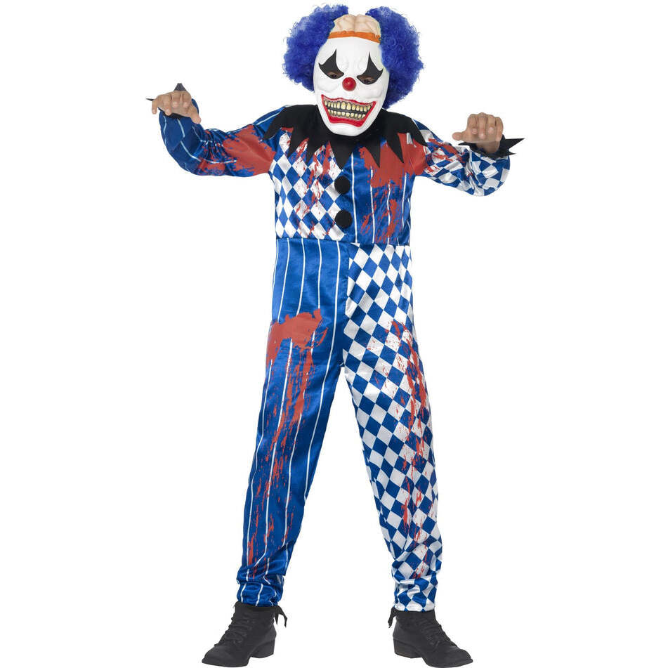 Deluxe Sinister Clown Costume Blue Checked Jumpsuit EVA Mask Attached Brain and Blue Hair 1