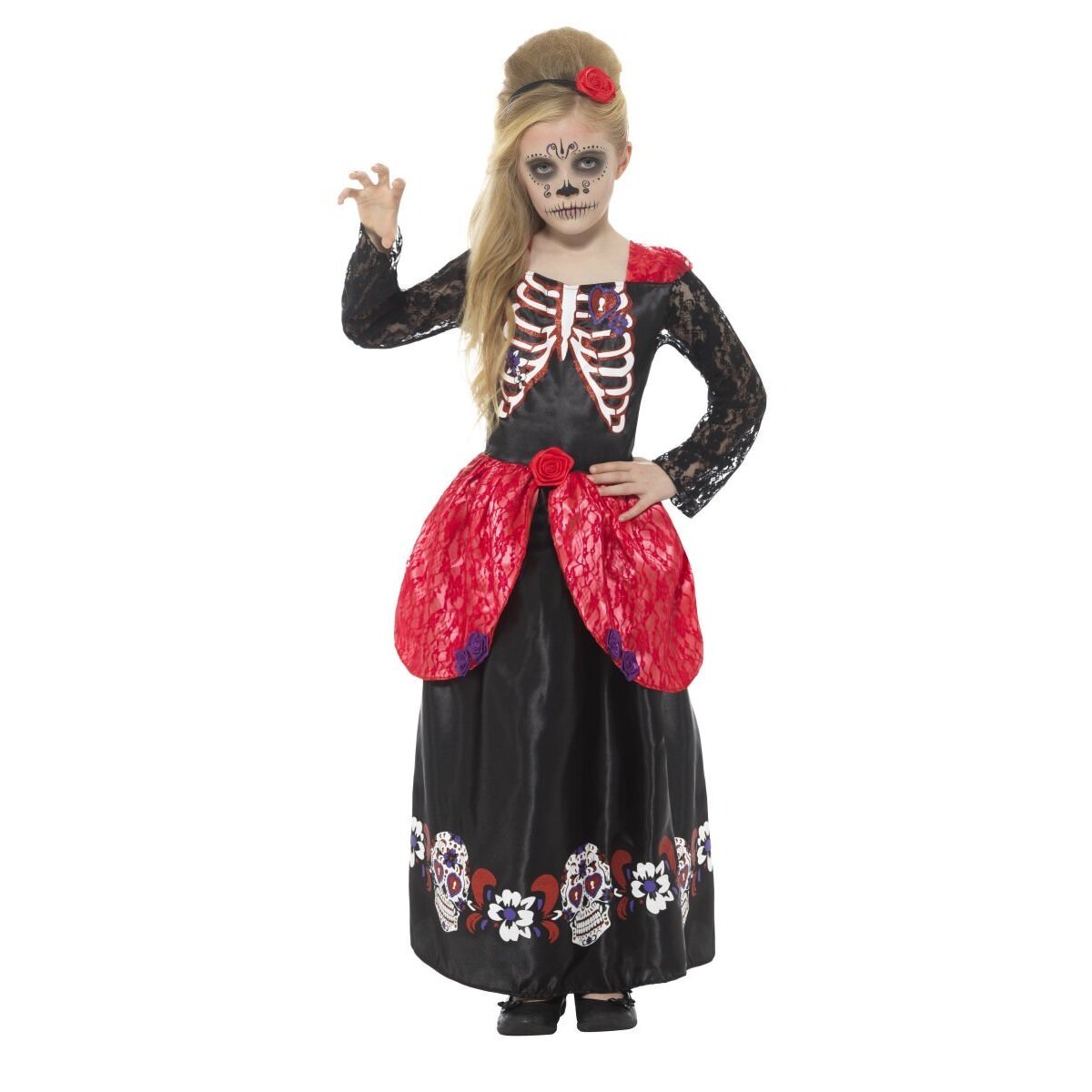 Deluxe Day Of The Dead Girl Costume Child Black Dress Headband 1