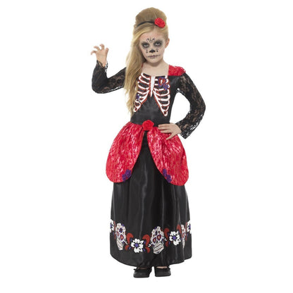 Deluxe Day Of The Dead Girl Costume Child Black Dress Headband 1