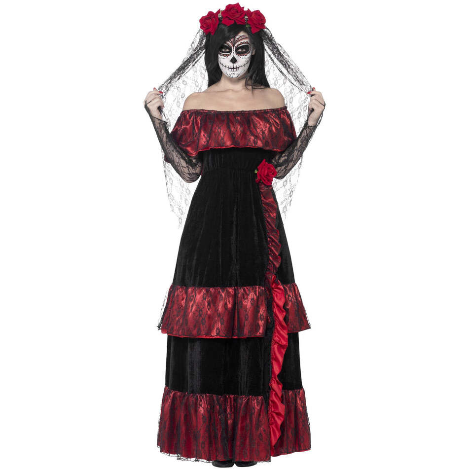 Day Of The Dead Bride Costume Adult Red Dress Rose Veil 1