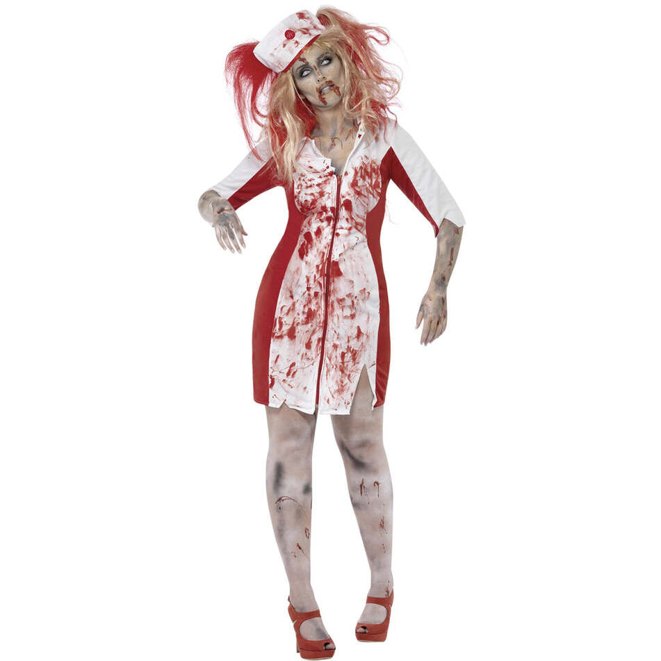 Curves Zombie Nurse Costume Adult White Red Blood Splattered Dress and Headpiece 1