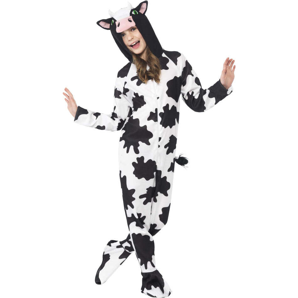 Cow Costume Kids White Black Hooded Jumpsuit Zip Front Feet Covers and Tail 1