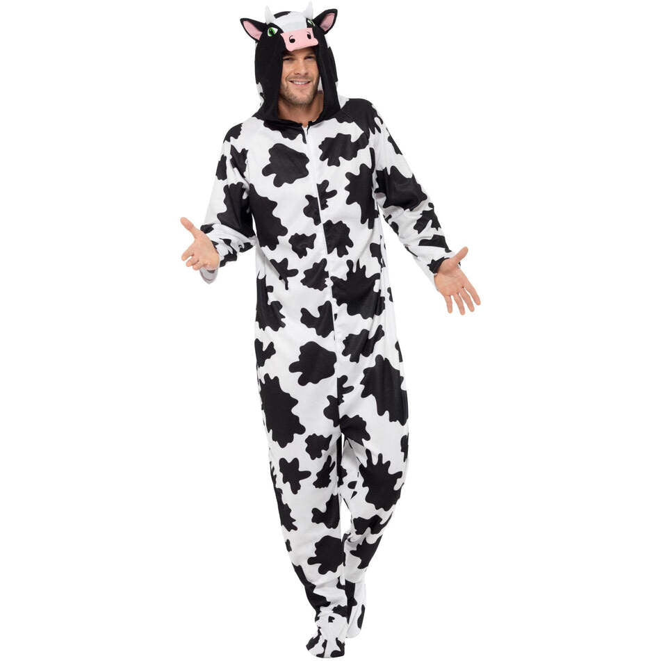 Cow Costume Adult Unisex White Black Hooded Jumpsuit 1