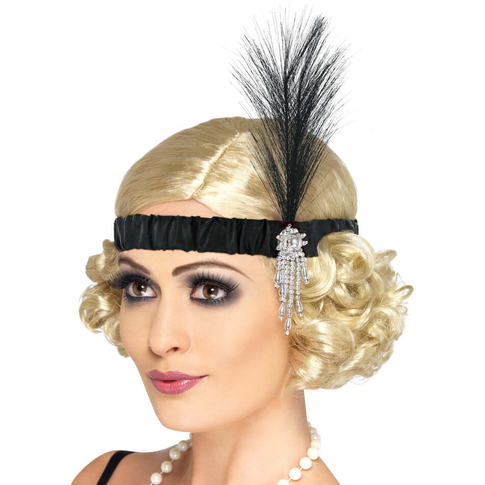Black Satin Charleston Headband with Black Feather and Silver Jewel Detail 1