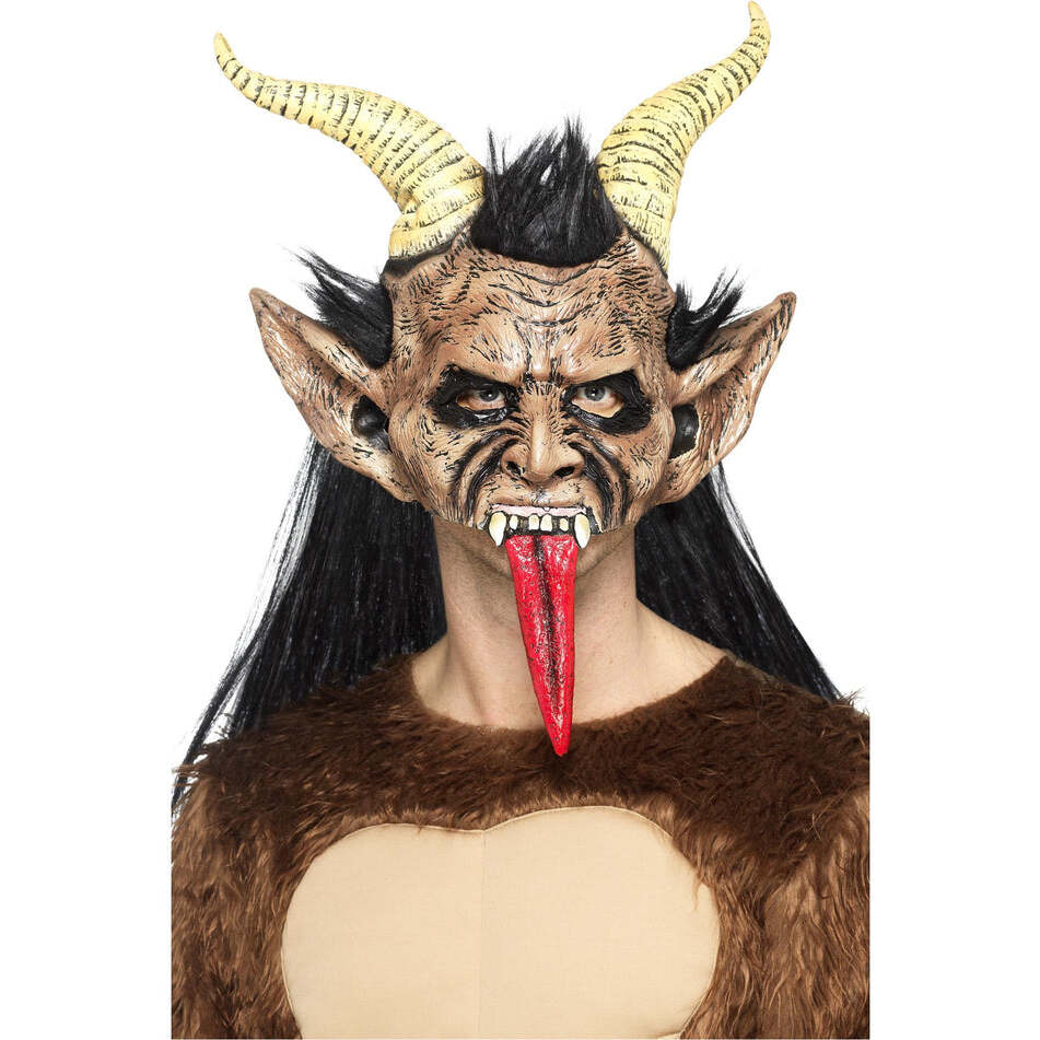 Beast Krampus Demon Mask Brown Latex Overhead with Hair and Horns 1
