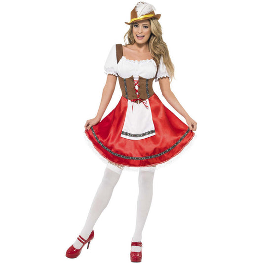Bavarian Wench Costume Adult Red White Dress with Attached Apron 1