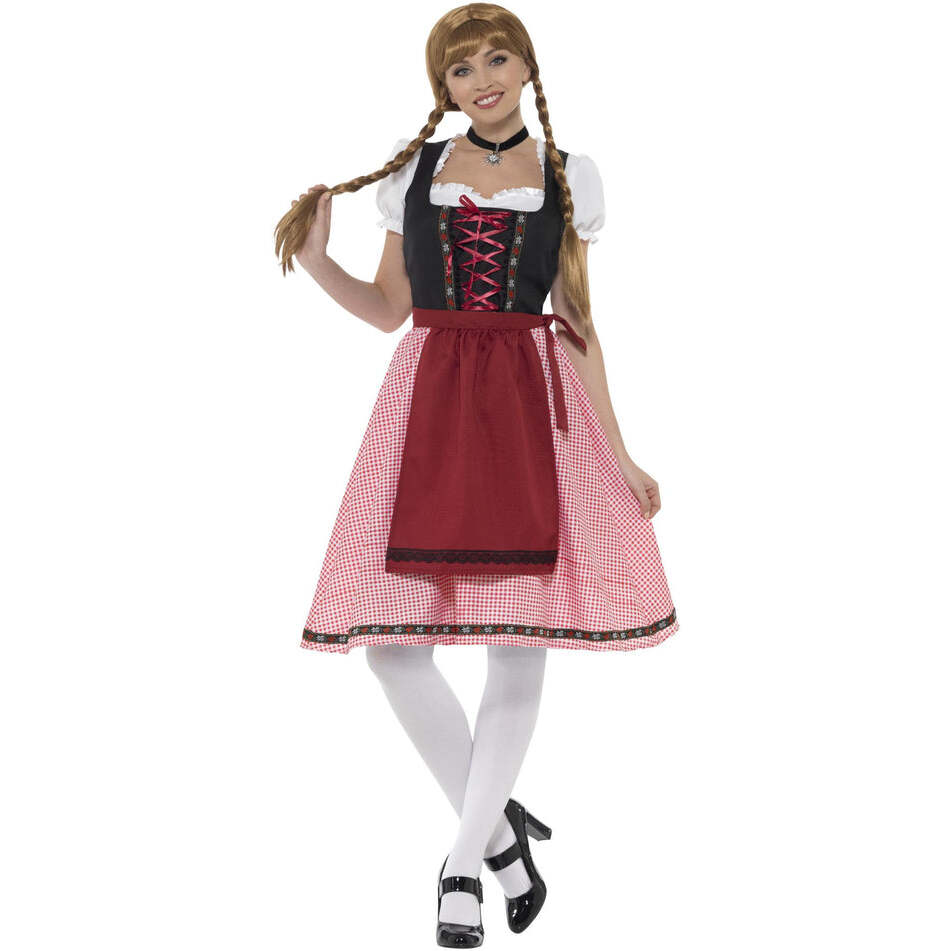 Bavarian Tavern Maid Costume Adult Checkered Red and Black Skirt Dress with Top and Apron 1