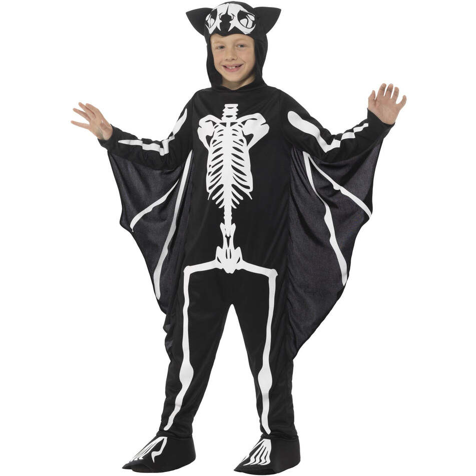 Bat Skeleton Costume Kids Black White Bodysuit with Attached Wings 1