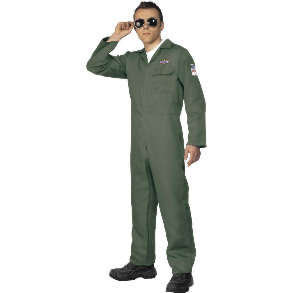 Aviator Costume Adult Green Zip Up Jumpsuit 1