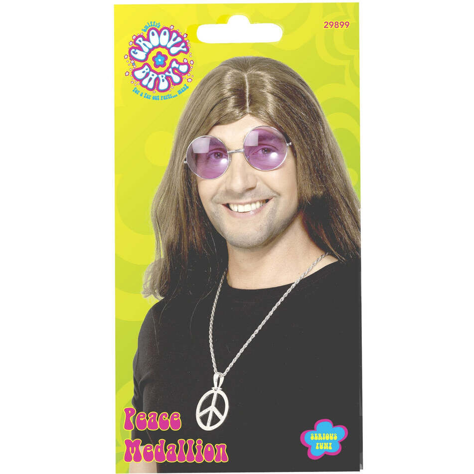 60s Peace Sign Hippie Medallion Silver 44cm Chain Adult Costume Accessory 1