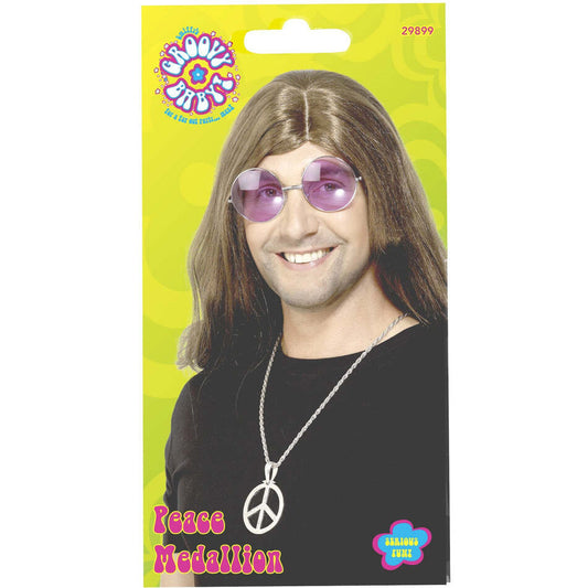 60s Peace Sign Hippie Medallion Silver 44cm Chain Adult Costume Accessory 1