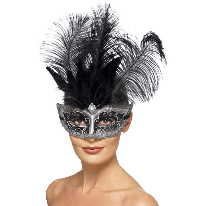 Grey Venetian Colombina Eyemask Black Plumes Adult Costume Accessory 1