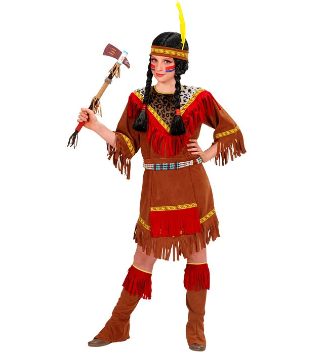 Indian Girl  Dress, Apron, Boot Covers, Headband With Feather 